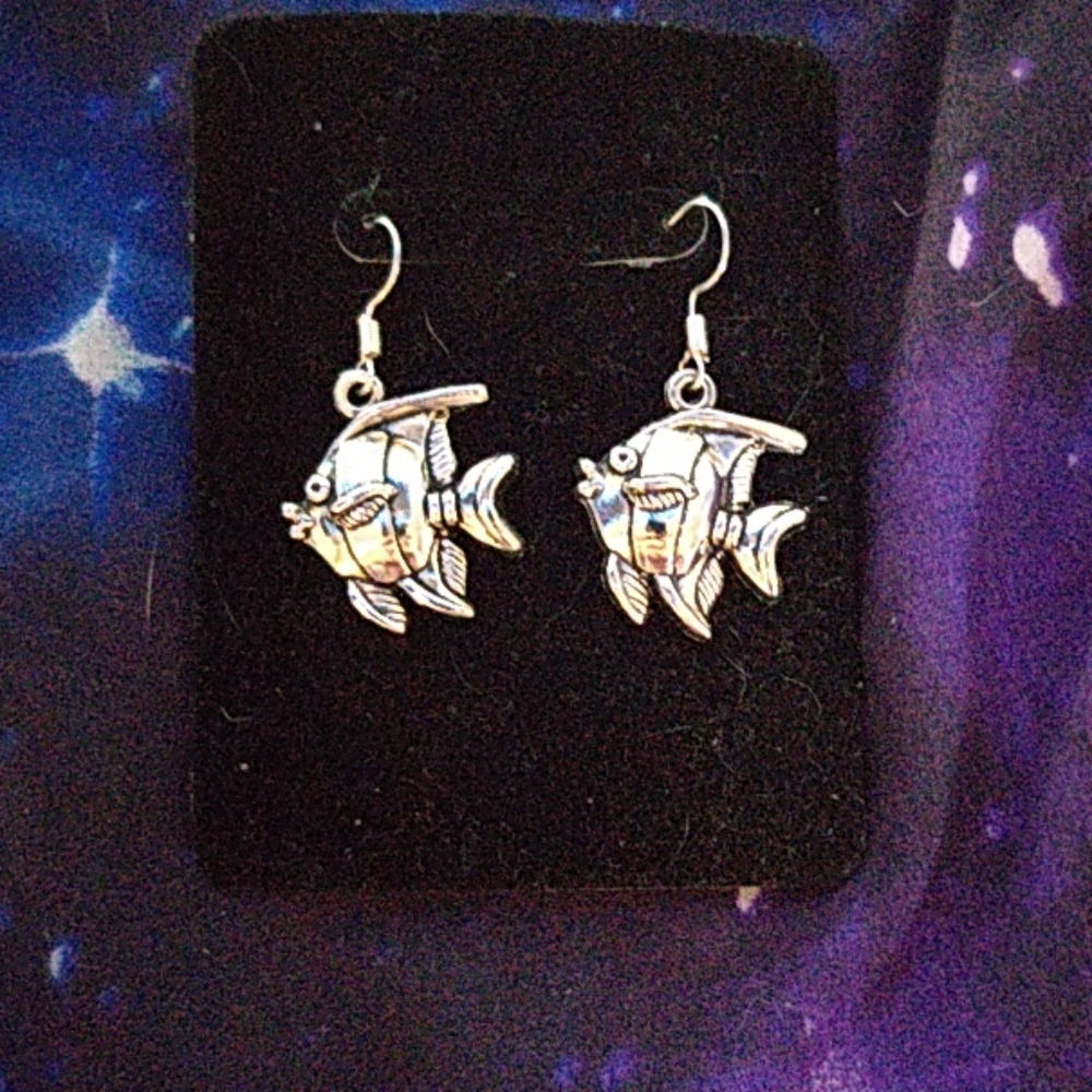 Silver plated fish dangle earrings